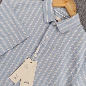 Folk Shirt Mens Small Blue Stripe‎ Short Sleeve Dobby Button Up Cotton Casual